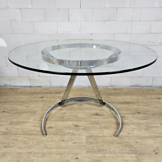 Image 1 of Vintage Frans Space Age Design Eetkamer set Boris Tabacoff Frankrijk 1970 chromen glazen eettafel + 4 leren stoelen