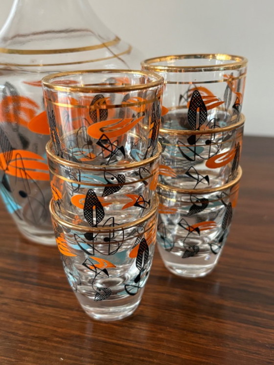 Image 1 of Magnifique ensemble de carafe à liqueur de style atomique des années 1960