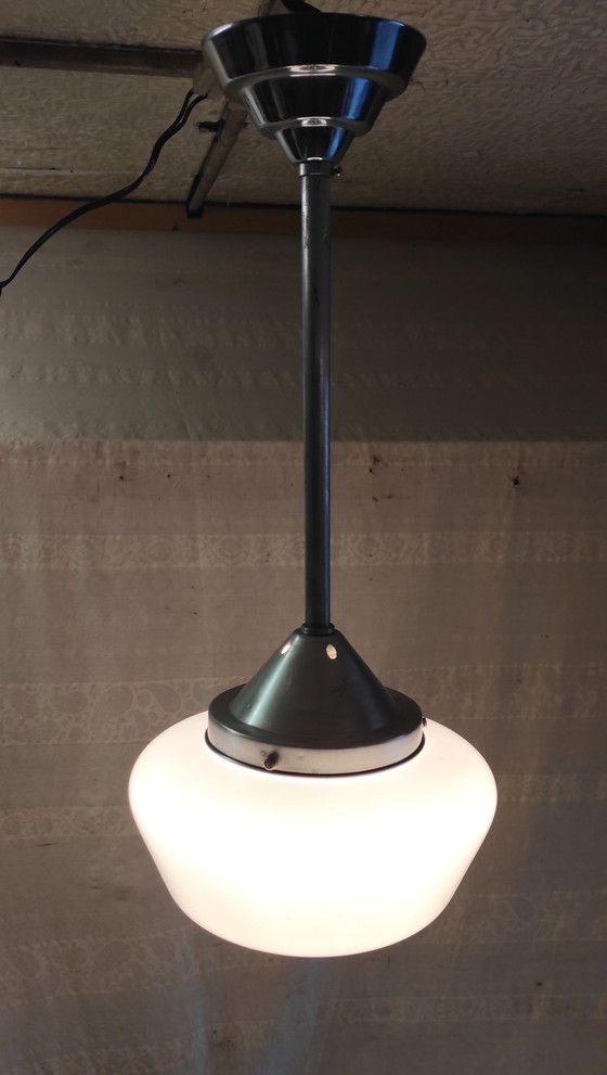 Image 1 of Bauhaus pendant light in metal and opaline glass globe - mid-20th century