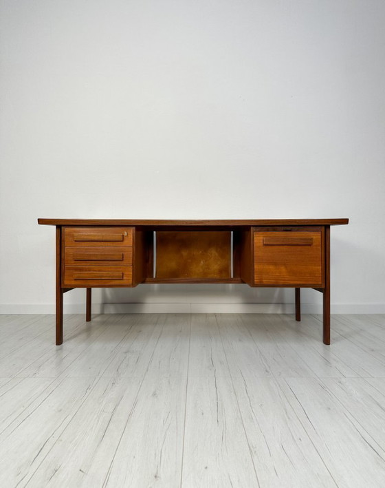 Image 1 of Rare 1960s Danish Teak Freestanding Writing Desk by Peter Løvig Nielsen – Vintage Desk with Shelves & Leather Detail