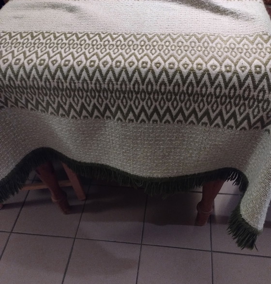 Vintage Woven Tablecloth Olive Green/Beige With Fringes – Decorative Objects, Textile (photo 2 of 5)