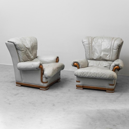COPPIA DI POLTRONE VINTAGE EN PELLE GRIGIO E LEGNO ANNI '50 MODERNARIATO