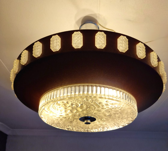 Image 1 of Lampada a sospensione vintage in vetro spaziale e metallo marrone