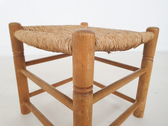 Image 1 of Vintage rotan en houten kruk, Frankrijk, jaren 60