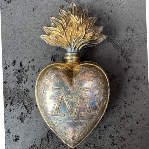 Coeur d'ex-voto français du 19e siècle - argent et vermeil - "Reconnaissance" - Lourdes - ca. 1850-