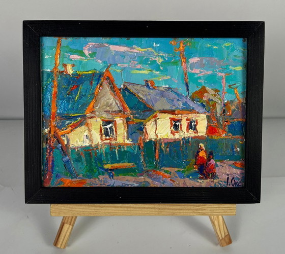 Image 1 of Original Oil Painting Rural Landscape Village A Walk along the Morning Street