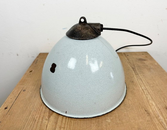 Image 1 of Industrial Grey Enamel Factory Lamp with Cast Iron Top, 1960s