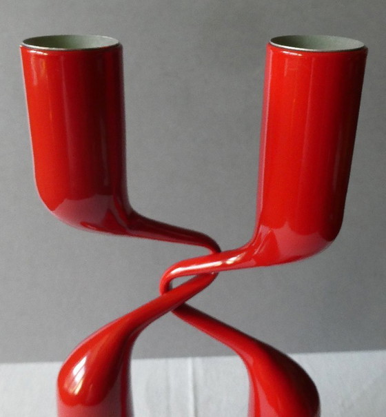 Image 1 of double candle holder, stainless steel, red lacquered, menu, denmark, design mikaela dörfel