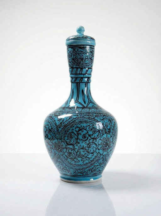 Covered vase or Persian jar, glazed Iznik pottery, turquoise painted, vintage