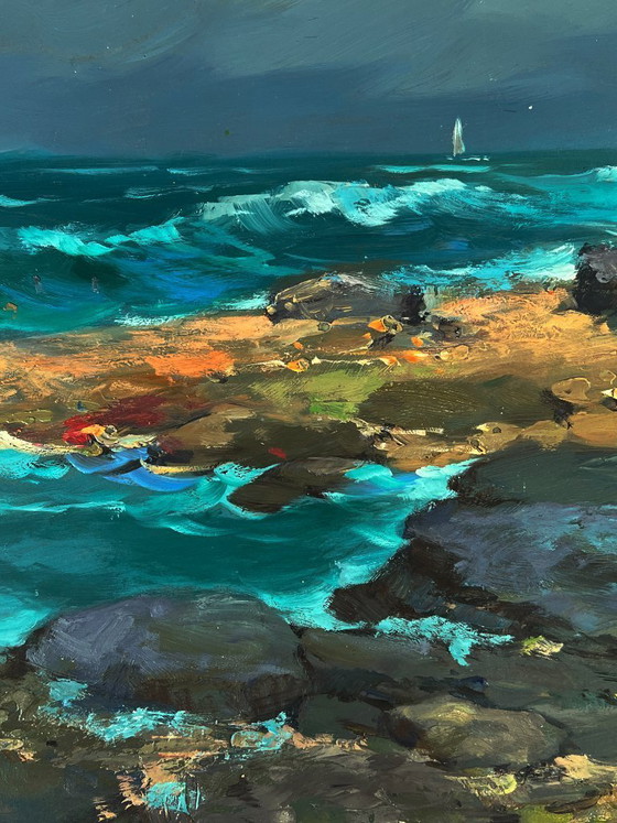 Image 1 of Dipinto ad olio originale: paesaggio marino, rocce, onde, tempesta, mare, costa nuvolosa.