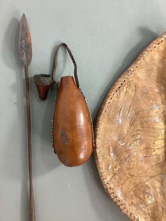 Image 1 of Vintage Masai Kenya Africa shield drinking bottles and spear