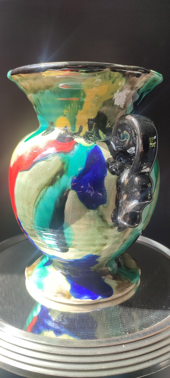 Image 1 of Keramikvase im Art-Deco-Stil mit geflammten Glasuren