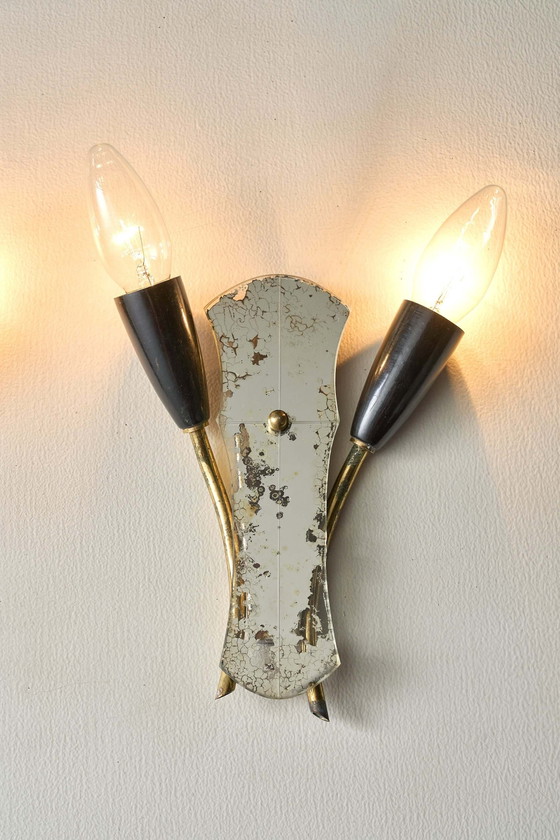 Brass and Mirrored Glass Wall Lamp, 1950s, Wall lights, Plastic, Black, Mid Century Modern (photo 5 of 14)
