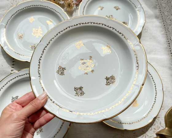 5 French Vintage Porcelain Deep Plates with Golden Flower Pattern Vierzon C.G – Crockery (photo 4 of 8)