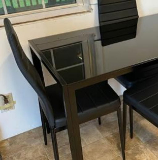 5-Piece Dining Table Set | Black | Glass Kitchen Table with 4 Upholstered Chair