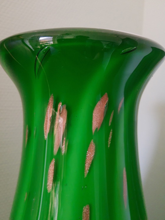 Image 1 of Set hoge Murano handgeblazen glazen vazen siervazen decoratieve vazen sierobjecten in groen met goud, vintage 