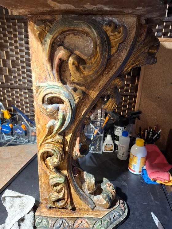 Image 1 of Antique Portuguese Gilded Console Table with Marble Top - 19th Century Carved Wood - Hand-Painted Polychrome Details - BGS Studi