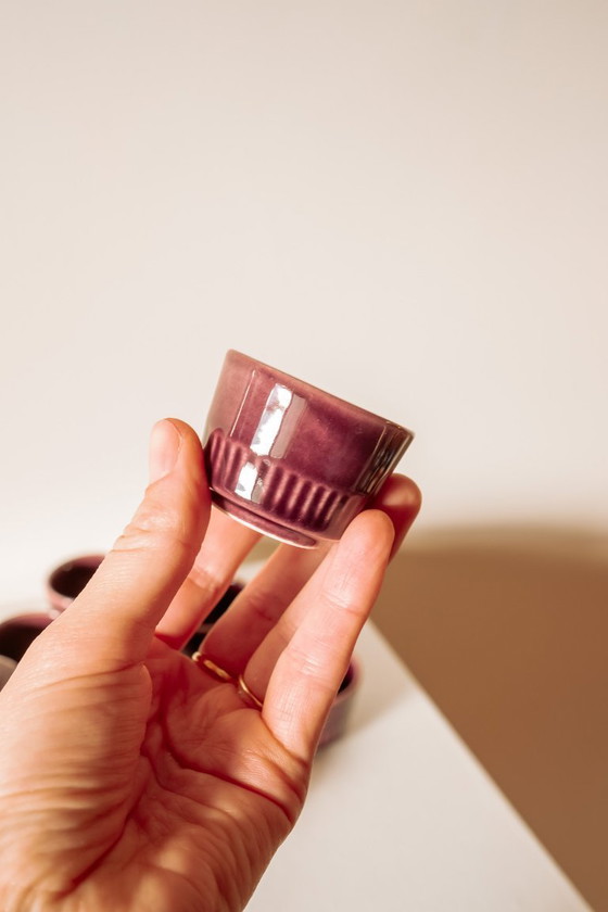 Image 1 of Purple ceramic breakfast set with egg cups and salt and pepper shakers, 1970s
