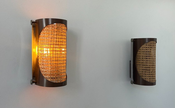 Image 1 of Pair of vintage sconces, cane and chrome, France 1970