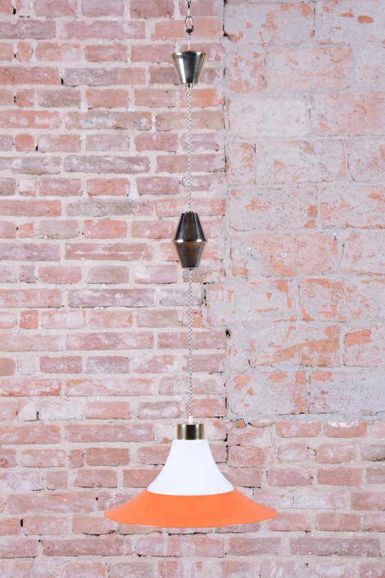 Restored Mid-Century Chandelier, Brass, Lacquered Steel, Czech, 1960s, Pendant lamps, Glass, Metal, Gold (photo 6 of 14)