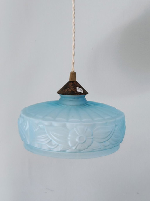 Vintage hanging lamp in frosted blue glass