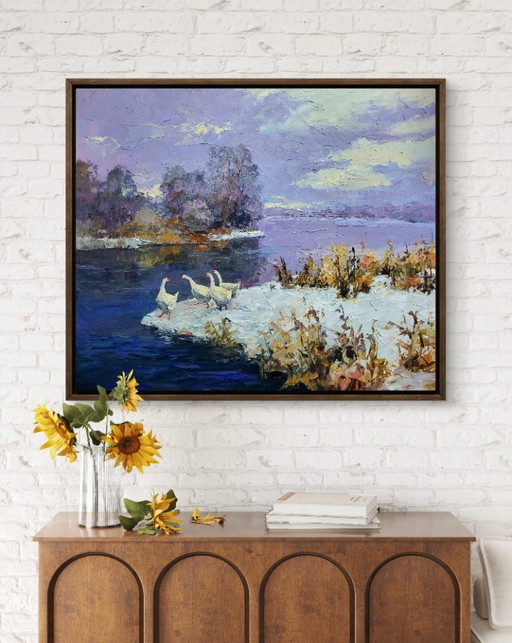 Geese On A Pond In Winter