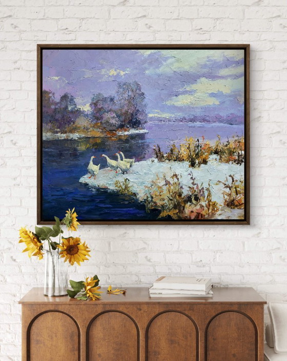 Image 1 of Geese On A Pond In Winter