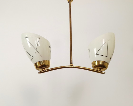 Image 1 of Beautiful art deco chandelier, vintage pendant light, ceiling light, two-arm chandelier, mid-century modern chandelier, Yugoslav