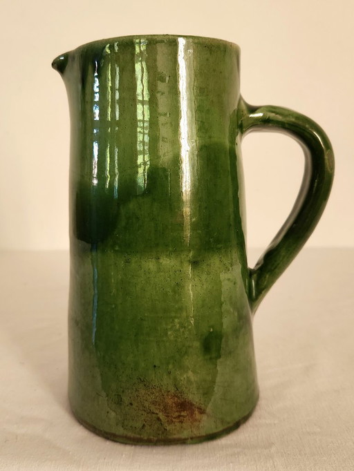 Large vintage green glazed ceramic pitcher