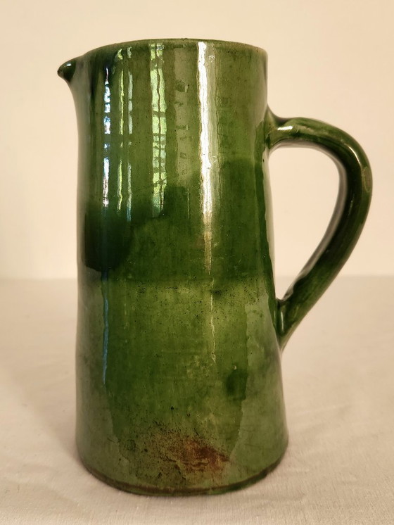 Image 1 of Large vintage green glazed ceramic pitcher