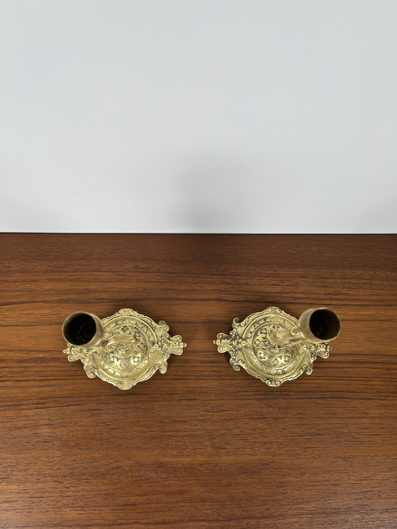 Image 1 of Paar antike Reiher-Kerzenleuchter aus vergoldetem Messing - Orientalistischer Art Deco Stil