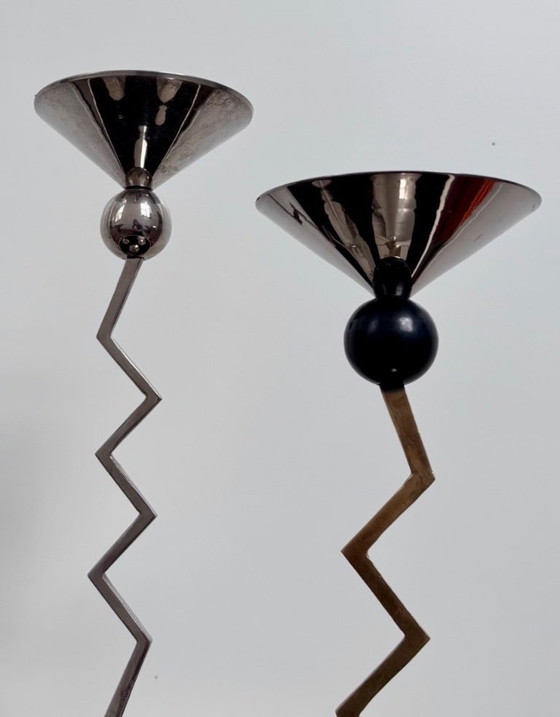 Image 1 of Set of three Zig-Zag vintage candle holders | Italy | 80s Memphis Milano inspired, postmodern Italian Design, Metal