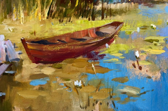 Image 1 of Original Oil Painting River Coastal Landscape A boat among the reeds