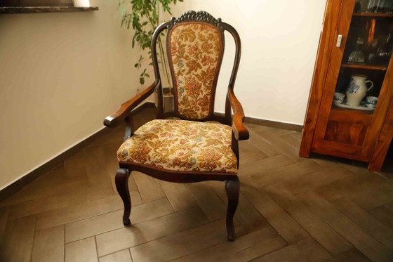 Image 1 of Antique Queen Anne Revival Carver Armchair with Floral Tapestry Upholstery 
