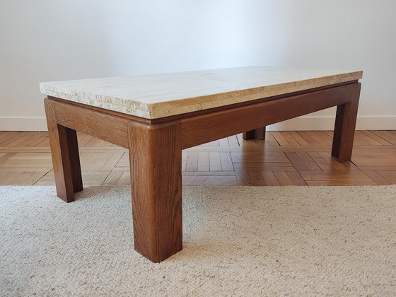 Image 1 of Wood & Travertine Coffee Table