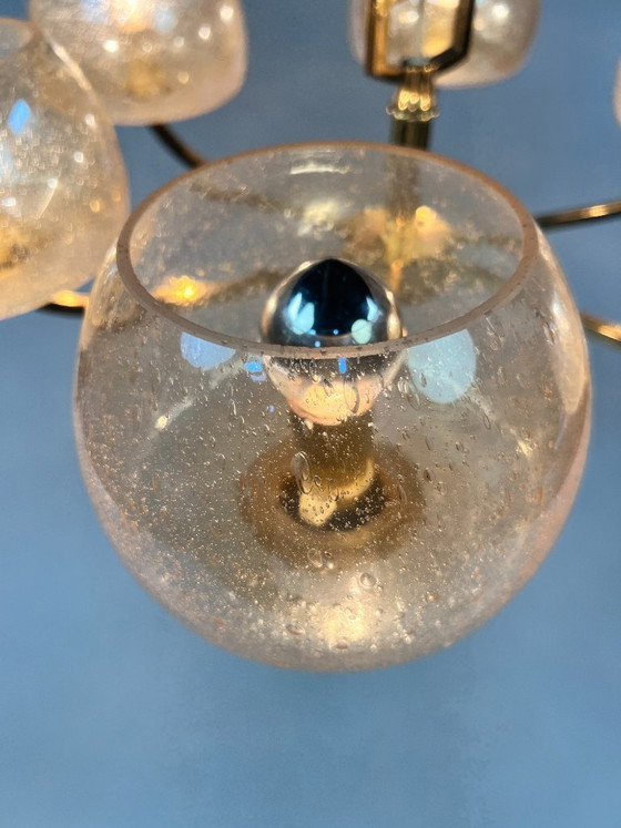 Image 1 of Vintage Brass Chandelier/Pendant Lamp, 6 Arms, Amber Bubble Glass