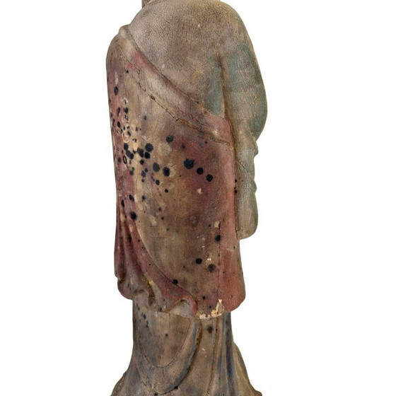 Statue de Bouddha chinoise en bois avec polychromie originale et restes de dorure. – Sculptures, Wood (photo 13 of 17)