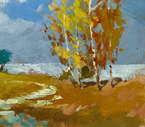 Image 1 of Original Oil Painting Autumn Nature Landscape Autumn trail with fallen leaves