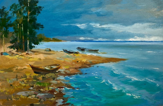 Image 1 of Original Oil Painting Coastal Sea Landscape The call of distant waves