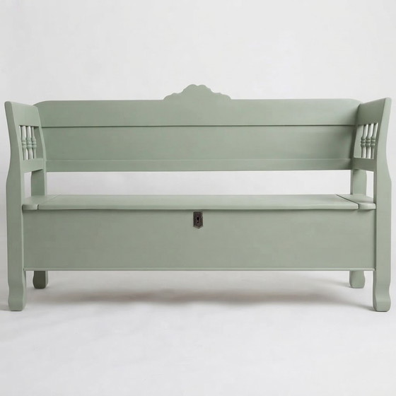 Vintage Hungarian Refurbished Wooden Storage Bench in Sage Green, 1920s, Benches, Rustic (photo 4 of 4)