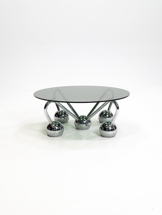Image 1 of Sputnik salontafel in verchroomd metaal en gerookt glas, jaren 70, Italië