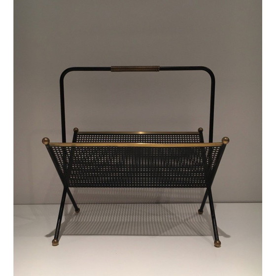 Image 1 of Vintage magazine rack in black lacquered metal and brass, France 1950