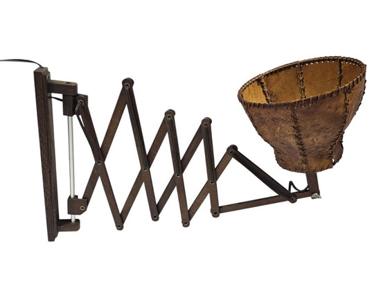 Image 1 of Schaarlamp | Harmonicalamp | wandlamp | vintage | eiken | varkensblaas | 70's |