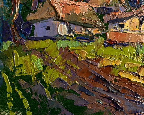 Image 1 of Originales Ölgemälde: Sommerhäuser, Landschaft am Dorfrand