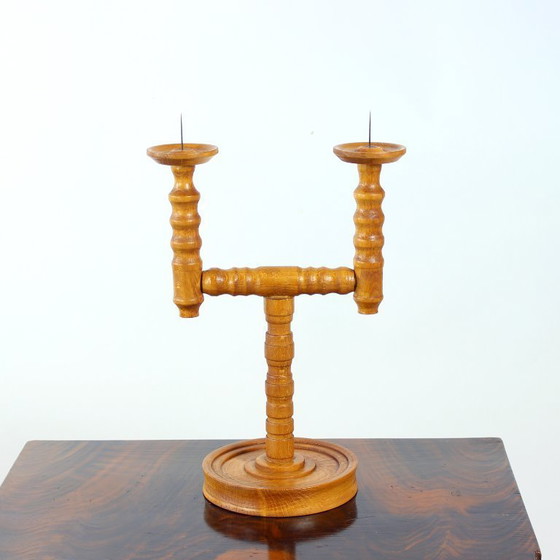 Image 1 of Mid Century Houten Kaarsenhouder, Tsjecho-Slowakije, 1950