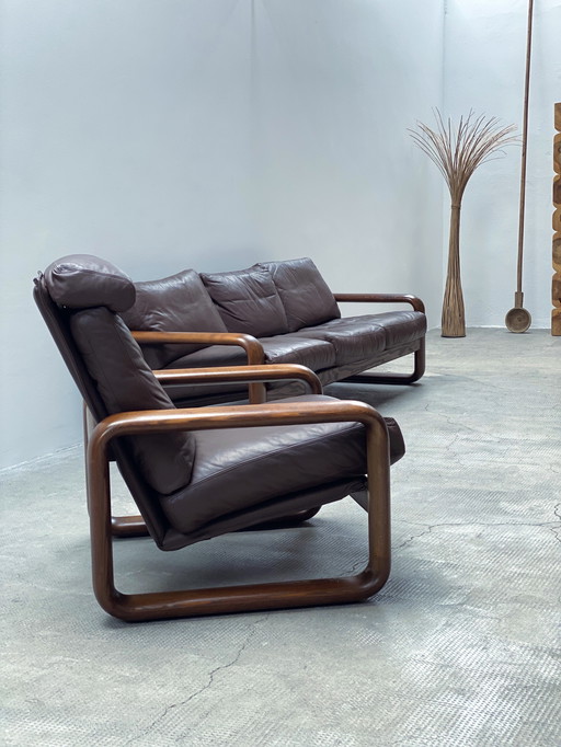 Burkhard Voghtherr Für Rosenthal Studioline „Hombre“ Sitzgruppe 3-Sitzer Sofa & Sessel Esche Holz Leder Braun, Deutschland 1970S