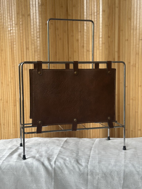 Image 1 of Vintage magazine rack chrome & leather