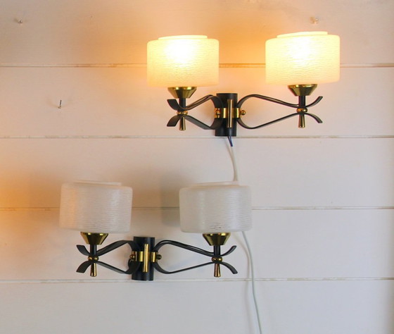 Image 1 of Pair of double wall sconces, Maison Arlus, Mid-Century, black brass opaline glass, France, 1950s