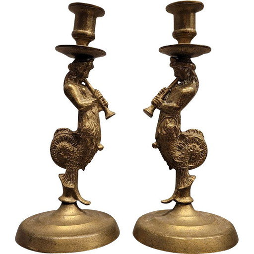 Pair of vintage “Tritons” bronze candlesticks, France