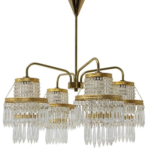 Vintage brass and crystal chandelier from Zeleznobrodské Sklo, Czechoslovakia 1950
